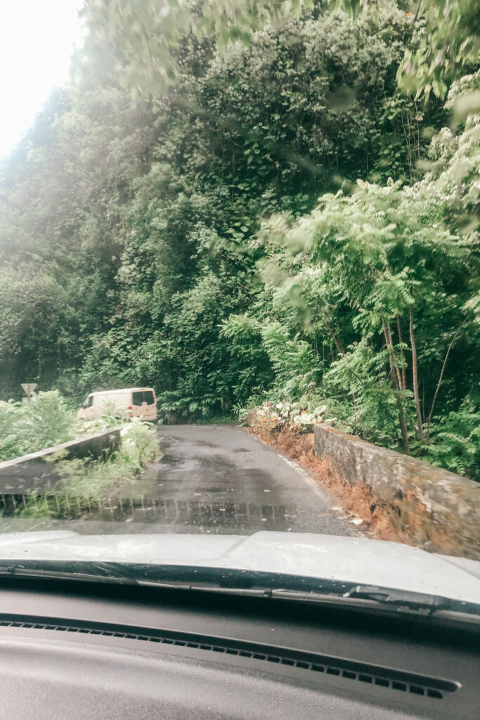 driving in a rental car in rain on the road to Hana